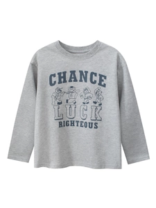 T-shirt grigia a maniche lunghe da bambino con stampe di animali cartoon e scritte retrò