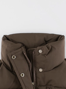 Kids warm dark brown down vest with stand collar and metal snap zipper closure