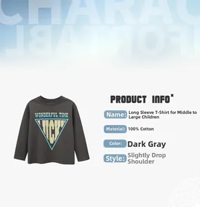 Detail view of dark grey 100% cotton boys long sleeve t-shirt with loose fit specifications