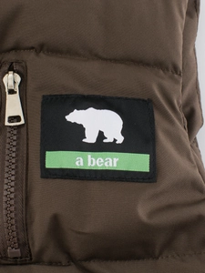 Brown children's quilted puffer vest with bear patch and standing collar zipper
