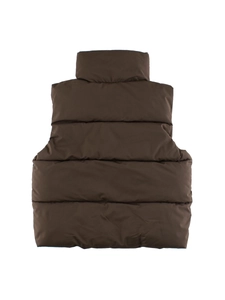 Kids' winter padded puffer vest with standing collar and zipper in dark brown color