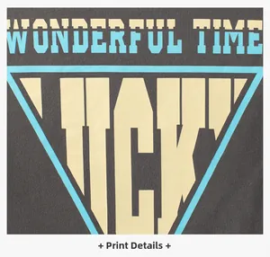 Detail of Wonderful Time print on dark grey cotton fabric of a long sleeve T-shirt