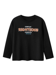 T-Shirt à Manches Longues en Coton pour Garçons Décontracté Streetwear Américain Imprimé Lettres Col Rond Noir