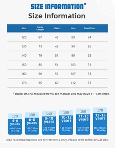 Detailed size chart for kids' loose sport pants covering sizes 120 to 170 in centimeters