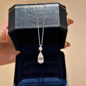 Sparkling pear-cut teardrop zircon pendant necklace in a luxury blue jewelry gift box