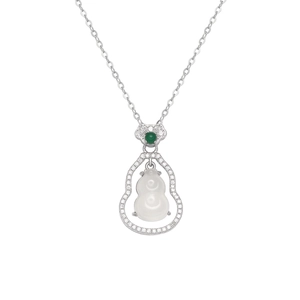 New Chinese style gourd pendant necklace with white chalcedony and green stone accents
