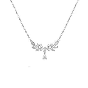 Laurel Leaf Branch Pendant Necklace For Women Copper Zircon Inlaid Water Drop Elegant Jewelry Lucky Wheat Ear
