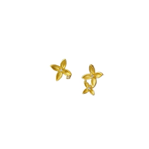 Elegant gold four-leaf flower stud earrings with shimmering crystal centers for women