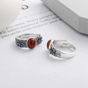Vintage S925 silver ring featuring red agate flower and blue enamel details