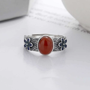 Vintage silver open ring with large red agate stone and blue floral enamel accents