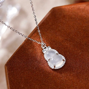 S925 silver gourd pendant necklace with white chalcedony and zircon on wood table