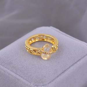 Vintage Adjustable Gourd Ring For Women Gold Plated Copper Hollow Filigree With White Faux Jade Stone And Cubic Zirconia