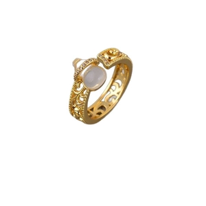 Luxurious Chinese style hollow gourd ring with polished gold finish and oval white gemstone
