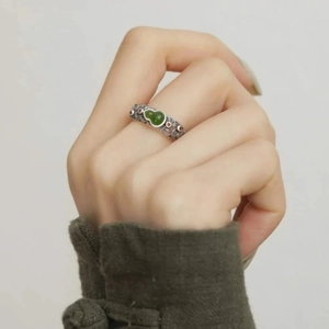 Gourd Shaped Copper Ring With Green Simulated Jasper Stone Chinese Vintage Style Auspicious Cloud Filigree Adjustable Finger Jewelry