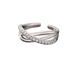 Minimalist silver X-shaped triple layer criss cross ring with micro-pave cubic zirconia