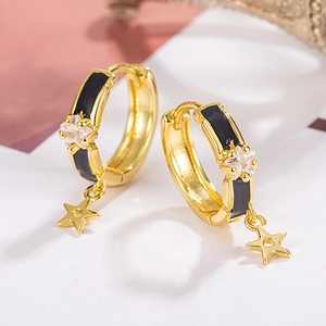 Vintage black enamel gold hoop earrings with star zircon charms for a trendy minimalist look