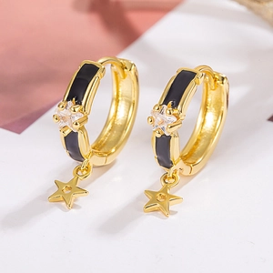 Vintage Ethnic Black Enamel Star Charm Hoop Earrings Copper With Zircon Pentagram Pendant Huggie Buckle Jewelry For Women