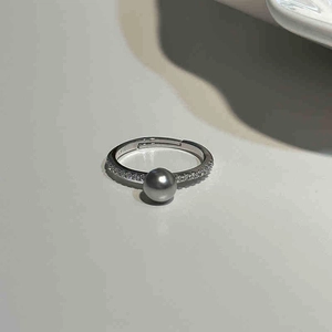 Bague perle style français avec micro-pavé de zircons et anneau en argent ajustable
