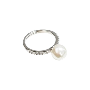 Bague réglable en argent de style français avec perle blanche 10mm et cristaux