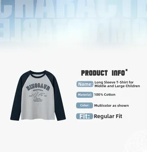 Detail of boys' 100% cotton long sleeve t-shirt with raglan sleeves and dinosaur print