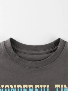 Close-up of boys deep grey crewneck long sleeve T-shirt neckline with ribbed stitching