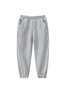 Light gray kids cotton jogger pants with side stripe and elastic ribbed cuffs