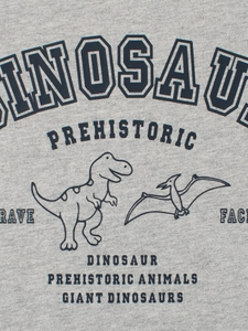 Close-up of grey knit boys T-shirt featuring navy blue dinosaur prints and textures