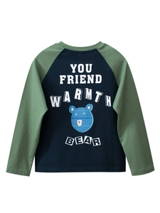 Kinder Langarmshirt mit Raglanärmeln und Bären-Cartoon-Print in Navy und Olivgrün