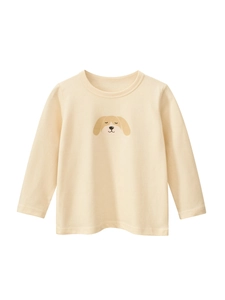 T-shirt à manches longues en coton pour fille avec imprimé chien mignon en beige
