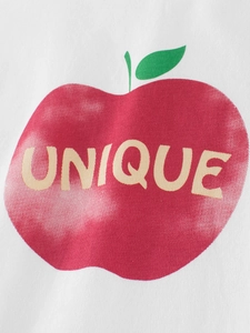 Langärmliges weißes Baumwollshirt für Mädchen mit rotem Apfel und Unique-Print im Retro-Stil