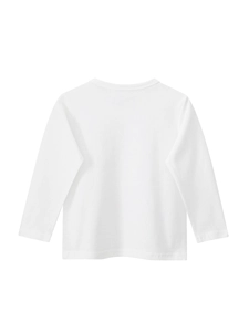 Rückansicht eines weißen Langarm-T-Shirts für Mädchen aus Baumwolle mit Rundhalsausschnitt