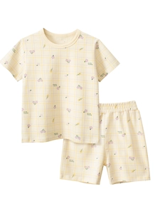 Ensemble pyjama court enfant à carreaux jaunes avec motifs fleurs violettes