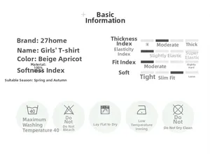 Detail of 100% cotton fabric parameters and washing instructions for girls' long sleeve tee