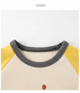 Detailed view of kids crew neck shirt with raglan sleeves and ribbed gray neckline