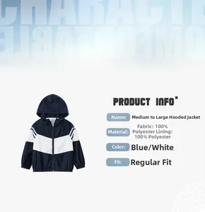 Detail view of children's navy blue and white hooded jacket with product info and material