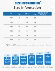 Detailed size chart for kids woven hoodie with height and weight recommendations