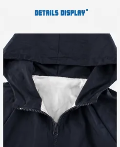 Detail view of dark blue hooded windbreaker showing neck zipper and white fabric lining
