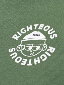 Dark green kids hoodie with righteous cartoon print and soft fleece knit texture