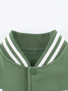 Kids army green fleece varsity jacket with striped ribbed collar and metal snap buttons