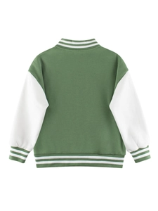 Green and white varsity jacket for boys with striped ribbed cuffs and athletic design