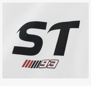 Close-up of white fleece sweatshirt fabric featuring ST graphics and 93 number print