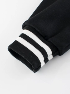 Classic black kids sweatshirt featuring ribbed cuffs with two white stripes on the sleeve