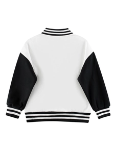 Classic black and white varsity jacket for kids with striped ribbed cuffs and sporty back view