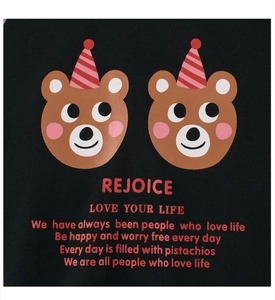 Detail of cartoon bear print and positive English slogans on a black cotton children's t-shirt