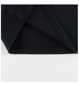 Macro shot of double-needle stitching and hem finish on black cotton long sleeve T-shirt