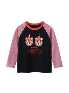 Girls T-Shirt Cotton Long Sleeve Raglan Contrast Color Cartoon Bear Print Autumn Casual Round Neck Top