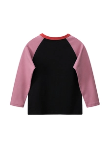 Kids long sleeve raglan T-shirt with black body, pink sleeves and red crew neck
