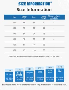 Detailed size chart for children fleece baseball jacket showing 120 to 170 measurements