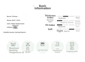 Size chart showing 100% cotton girls' long sleeve t-shirt specs and care info