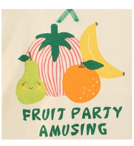 Detailed view of kids cotton t-shirt with fruit party print and amusing text
